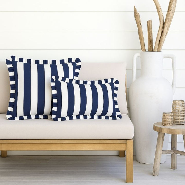 Navy Stripe Frill Outdoor Cushion 55 x 35 cm