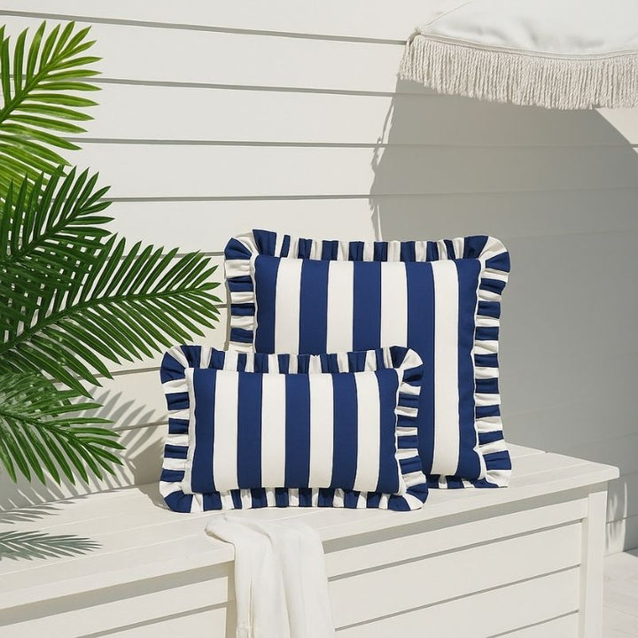 Navy Stripe Frill Outdoor Cushion 55 x 35 cm
