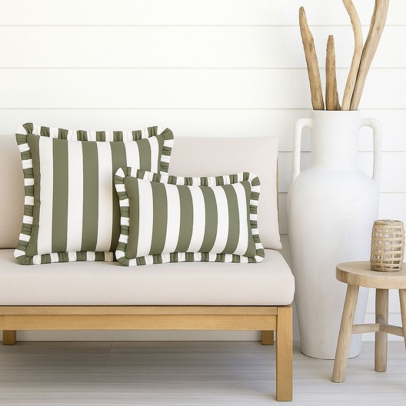 Olive Stripe Frill Outdoor Cushion 50 x 50 cm