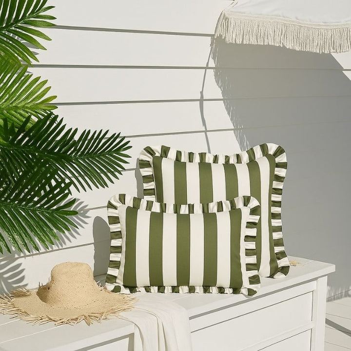 Olive Stripe Frill Outdoor Cushion 55 x 35 cm