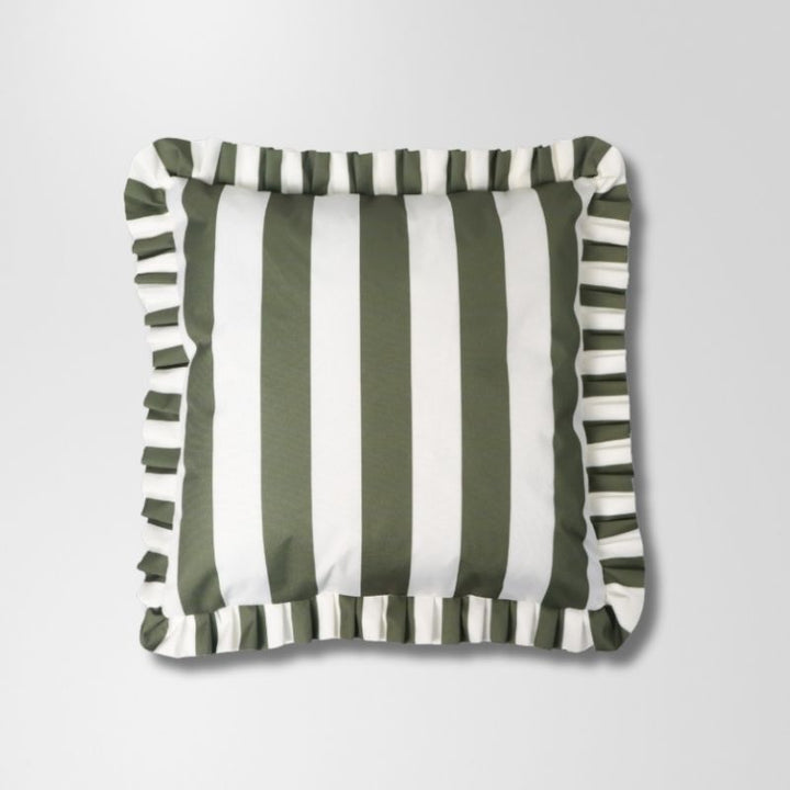 Olive Stripe Frill Outdoor Cushion 50 x 50 cm