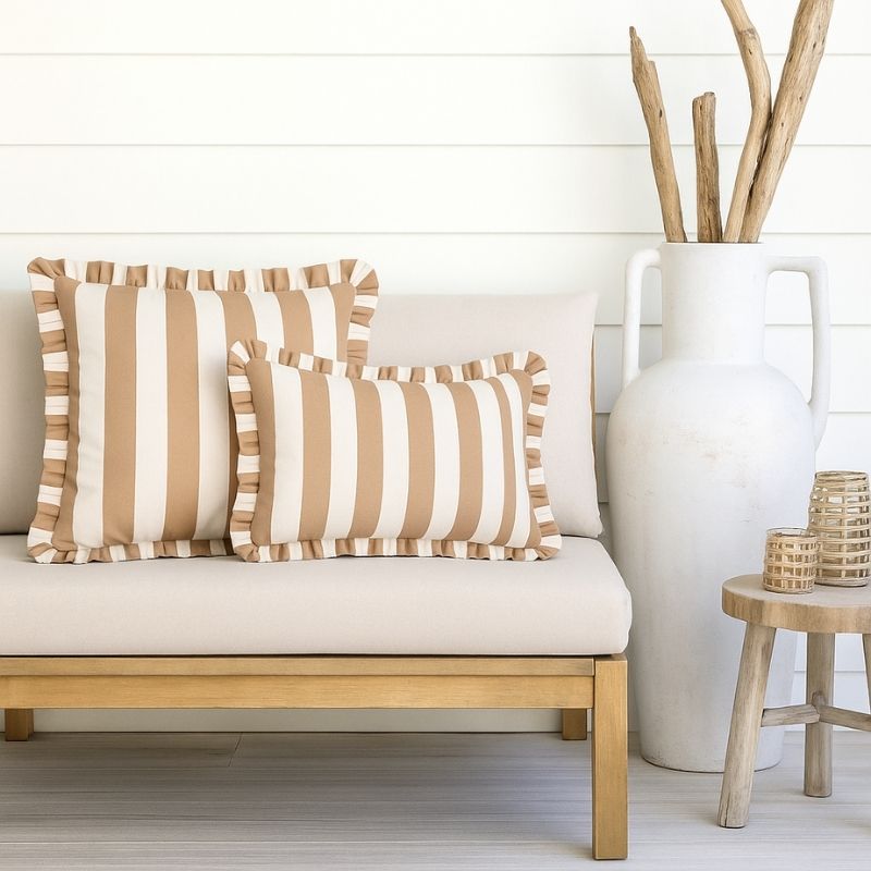 Taupe Stripe Frill Outdoor Cushion 55 x 35 cm