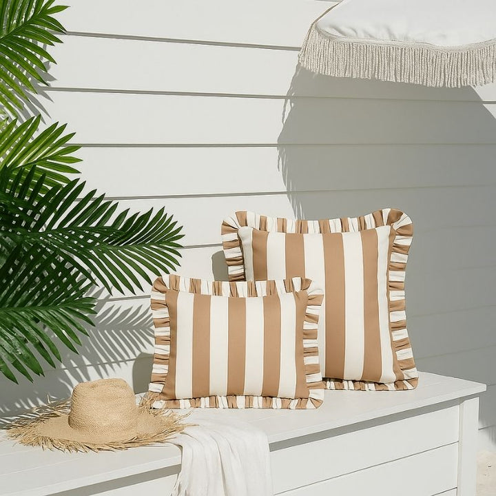 Taupe Stripe Frill Outdoor Cushion 50 x 50 cm