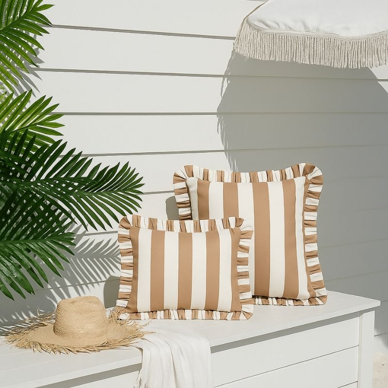 Taupe Stripe Frill Outdoor Cushion 55 x 35 cm