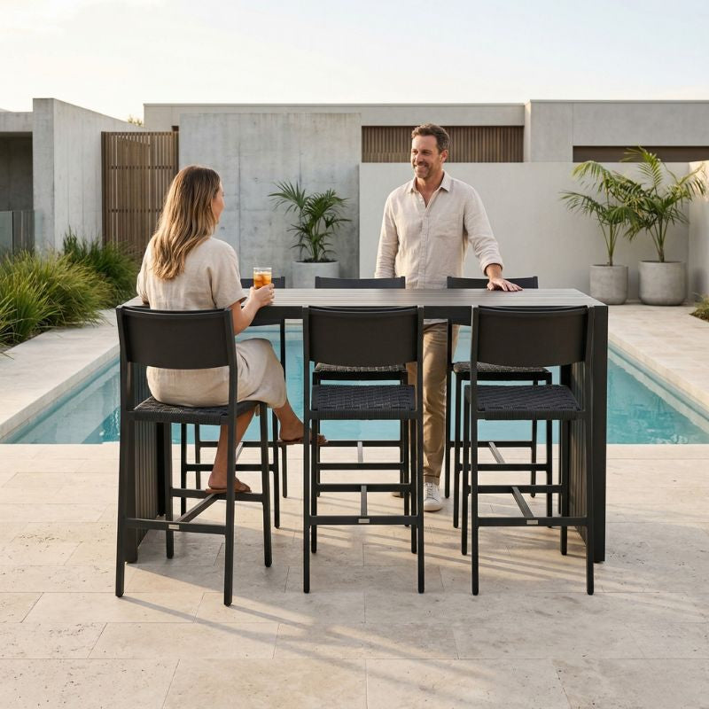 Avoca Bar Table + 6 Midori Bar Chairs - Charcoal - Charcoal | Sunset Home Living