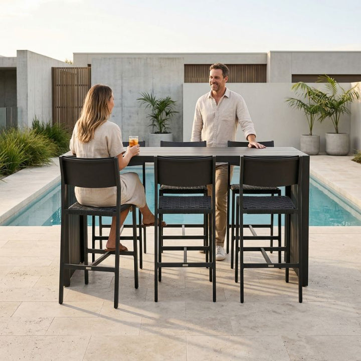 Avoca Bar Table + 6 Midori Bar Chairs - Charcoal - Charcoal | Sunset Home Living