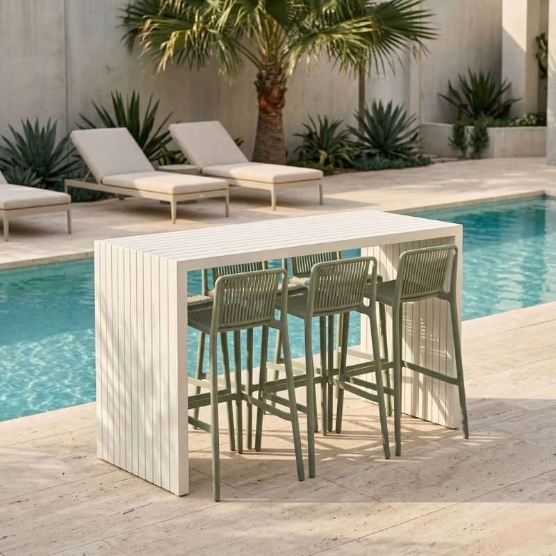 White Avoca Bar Table + 6 Tropea Bar Chairs - White | Sunset Home Living
