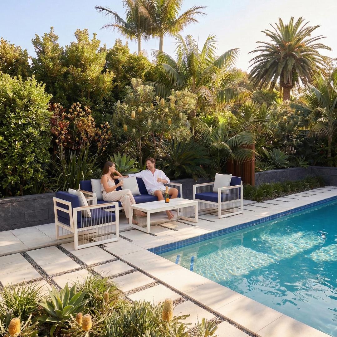 Two people sitting on a patio by a pool with lush greenery and palm trees in the background.