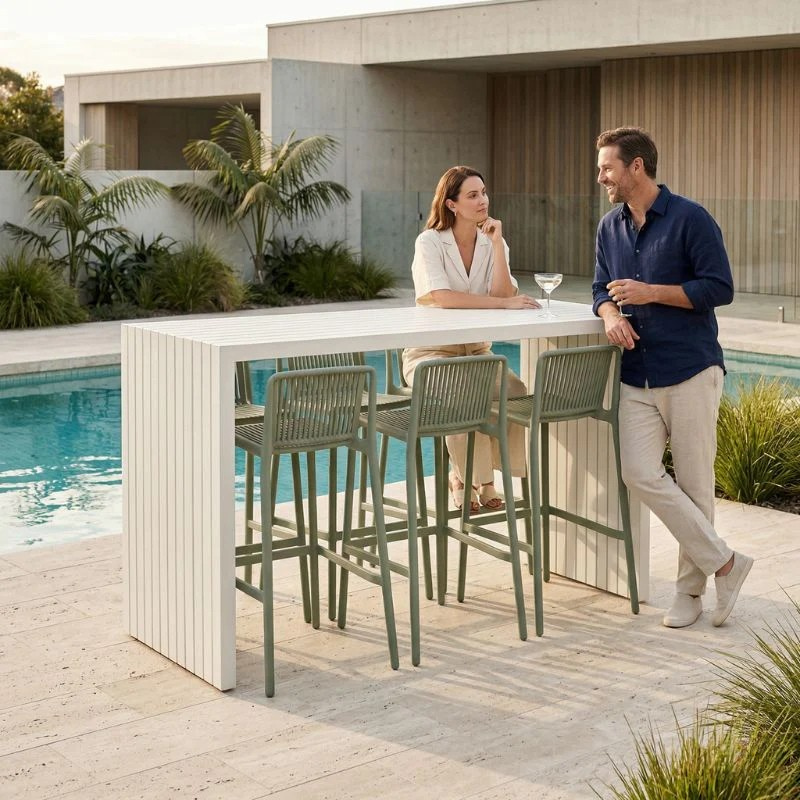 White Avoca Bar Table + 6 Tropea Bar Chairs - White | Sunset Home Living